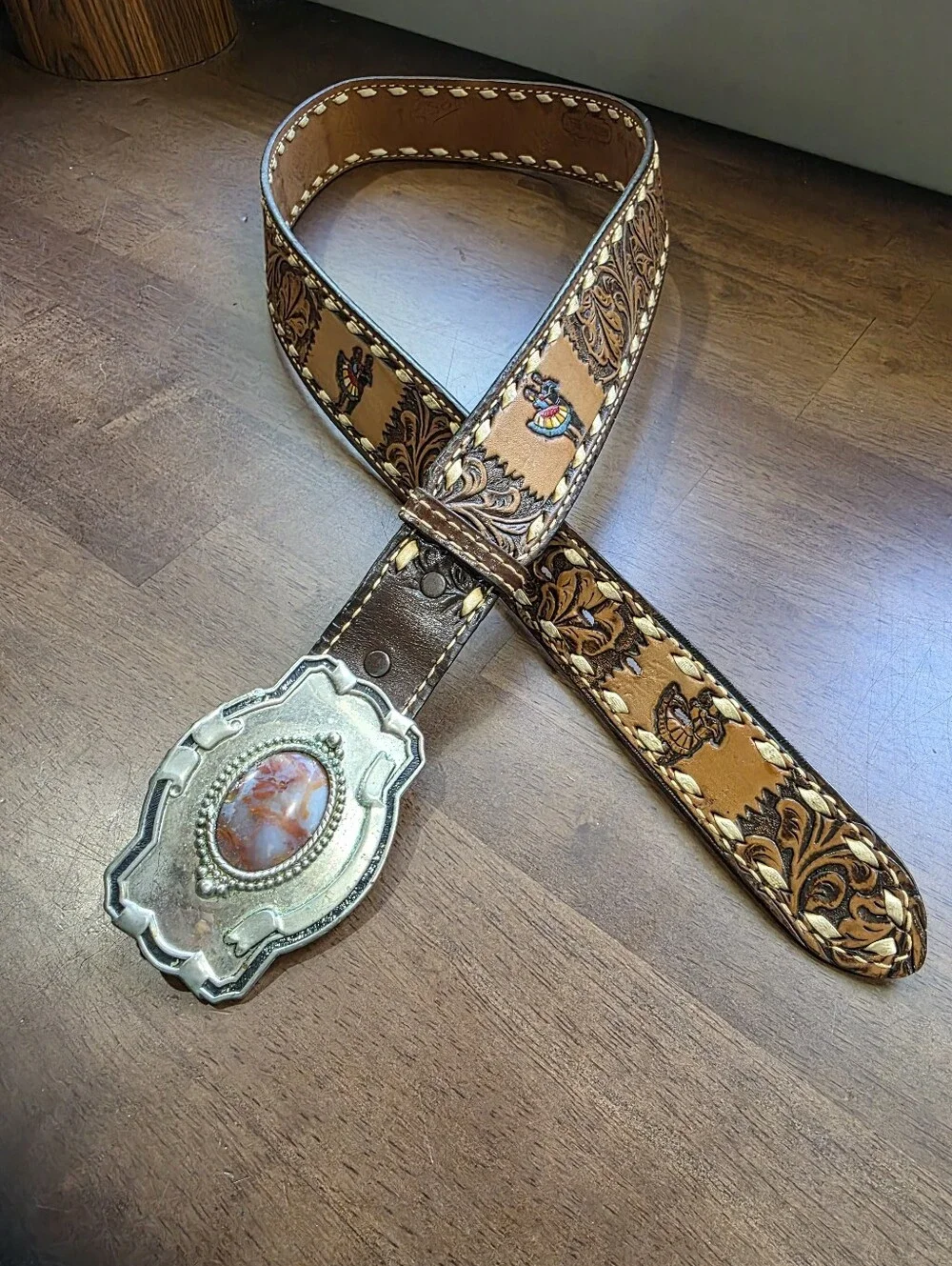 Vintage Nocona Hand Tooled Leather Western Belt Size 38 Buckstitch Agate Buckle